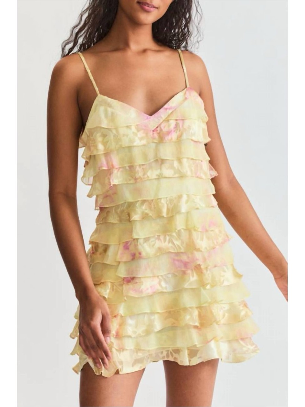 LoveShackFancy Yellow Ruffle Tiered Mini Dress with Pink Accents